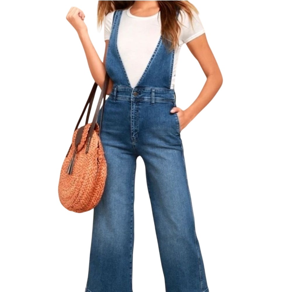 Free People Denim Overalls Women Size 0 Blue Wide Leg High Waist Jumpsuit